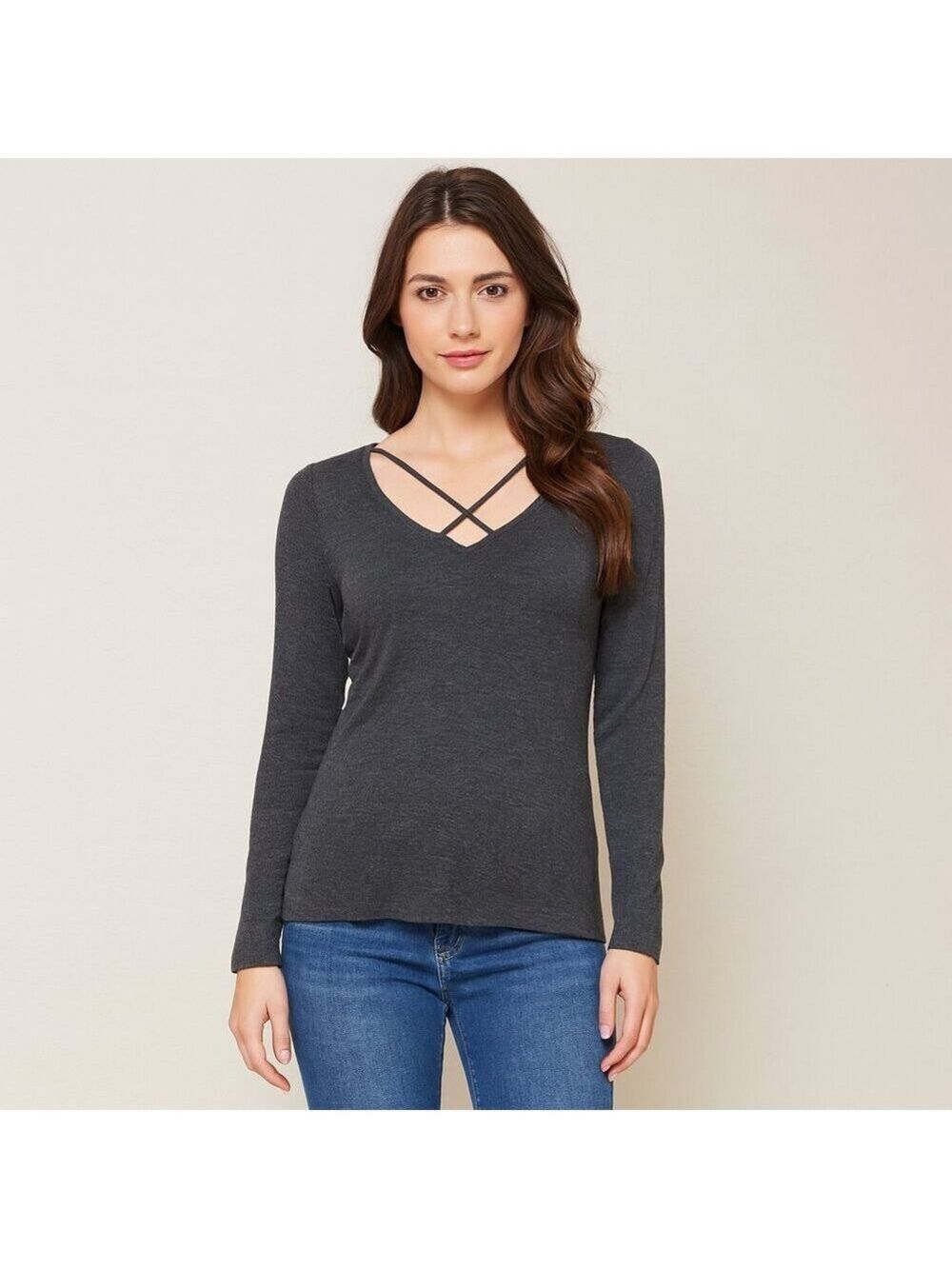 WHBM Gray Crisscross V-Neck Long Sleeve Top XS – Soft Stretch Slip-On Style